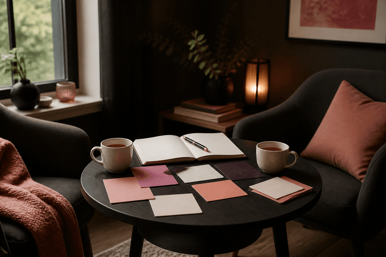 A warm professional conversation setting with two chairs, a notebook, tea, and planning cards