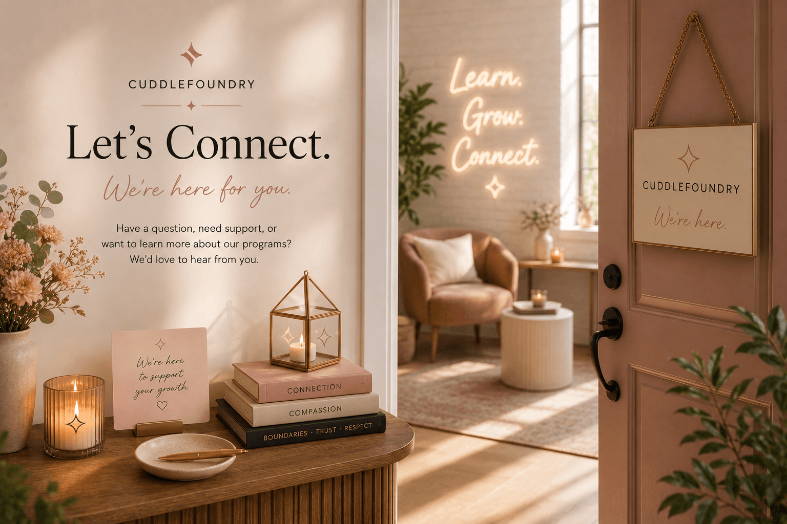 CuddleFoundry welcome illustration with an open blush door and a warm professional interior