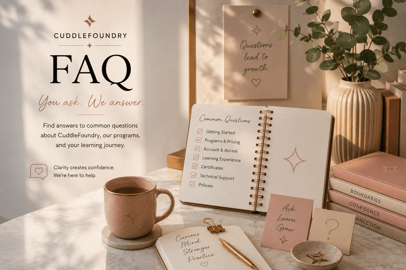 CuddleFoundry FAQ editorial illustration with a common questions notebook and warm study setting