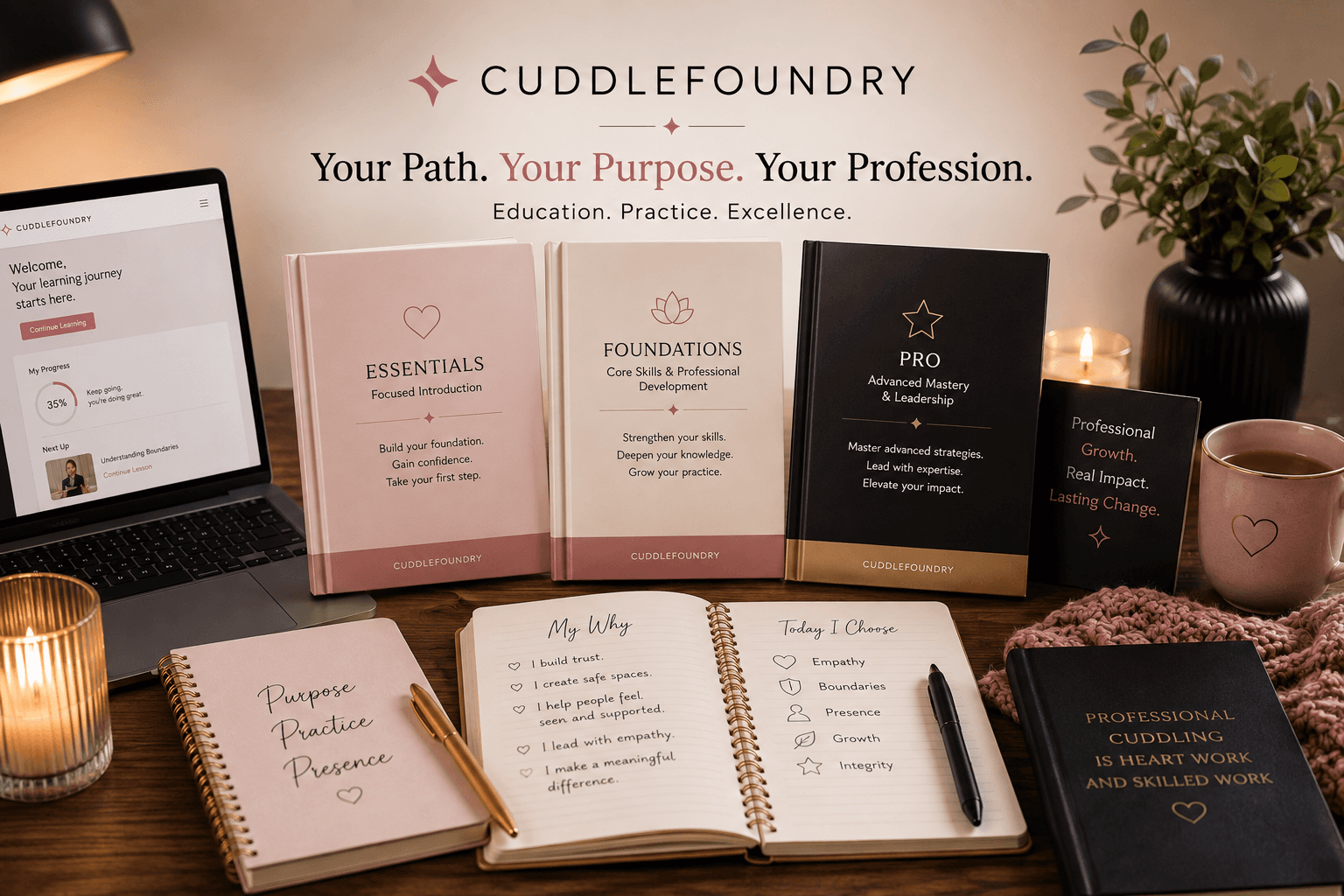 CuddleFoundry Essentials, Foundations, and Pro learning materials arranged beside a course dashboard and professional planning notebooks