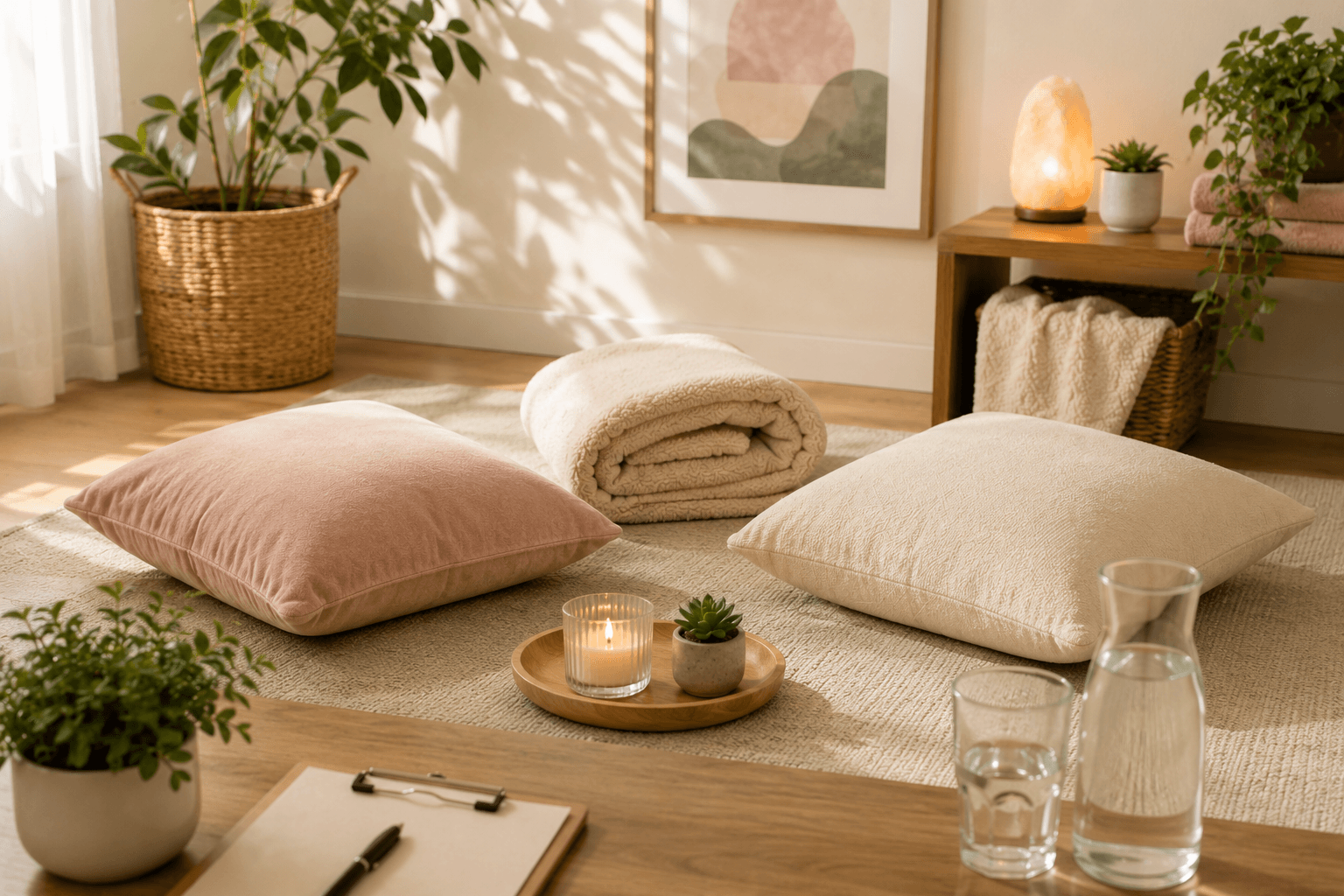People-free professional cuddling session setting with floor cushions, blankets, water, and warm light