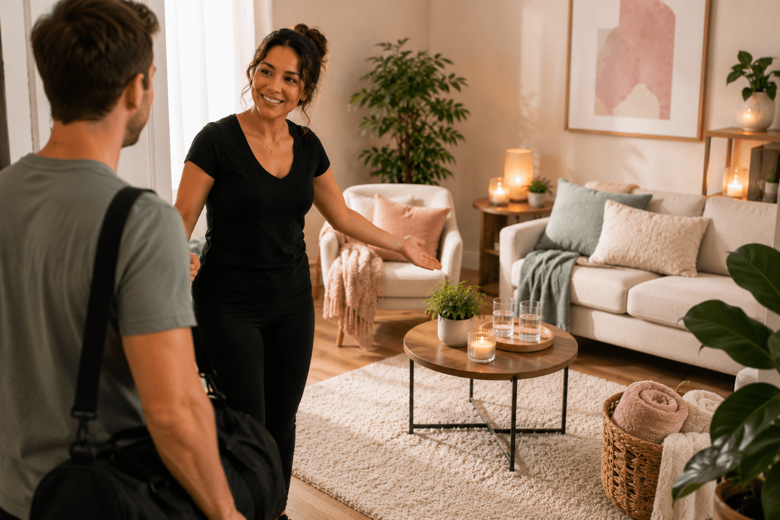 Professional cuddler welcoming a client into a prepared, comfortable session room