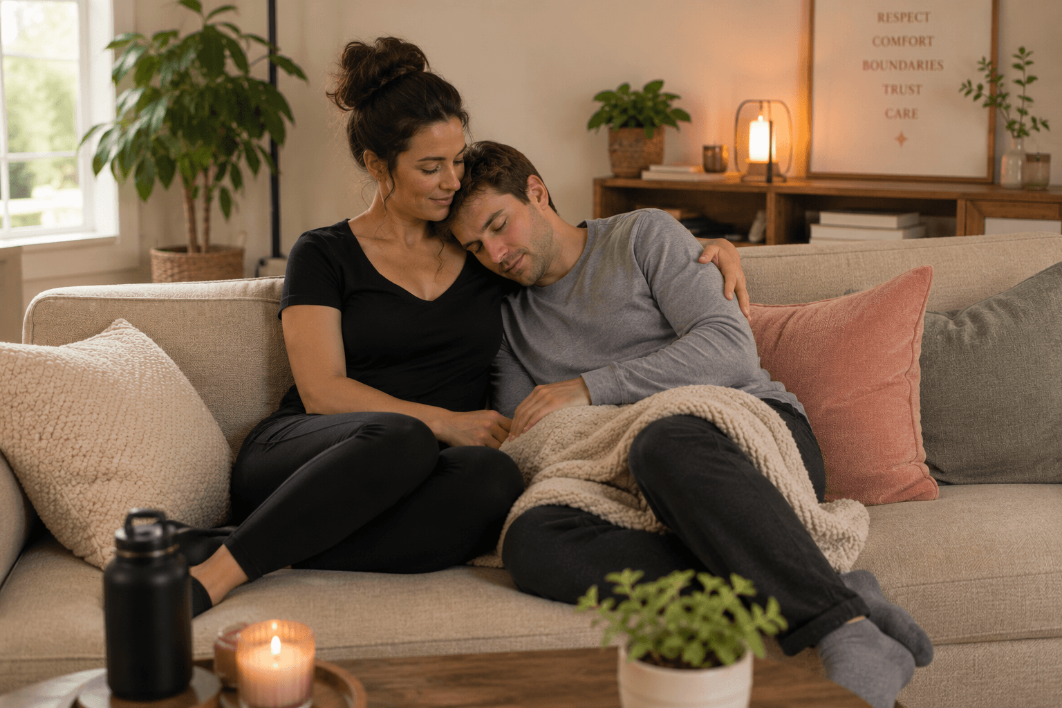 Professional cuddler and fully clothed client seated together in a calm platonic session
