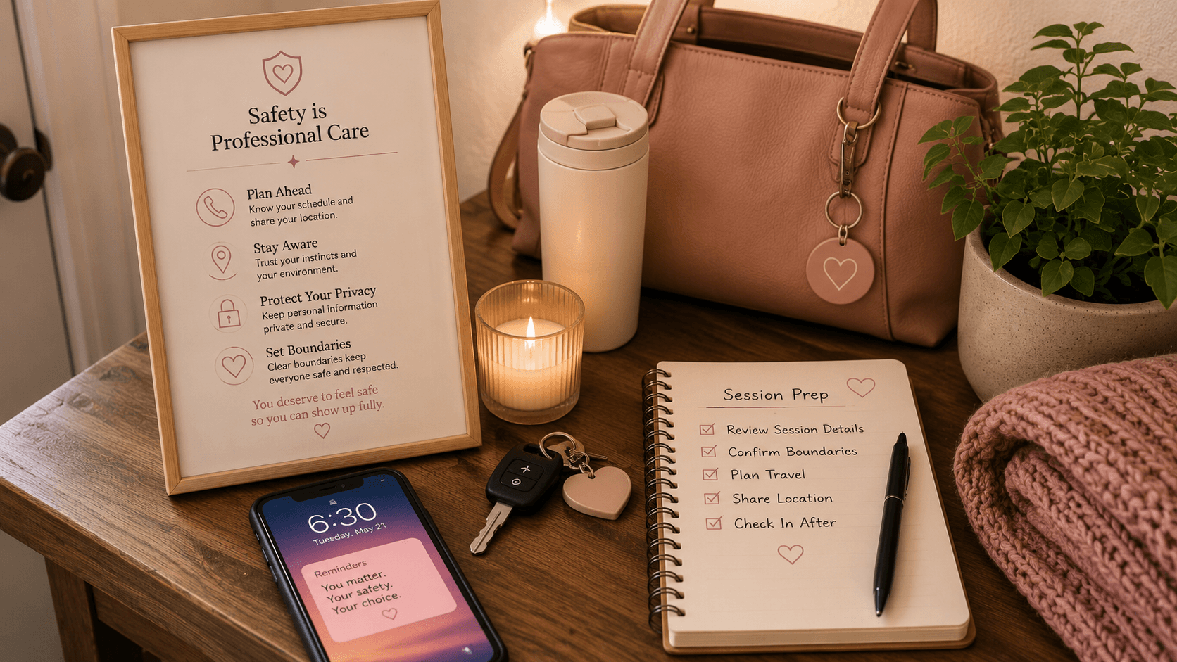 Professional safety preparation materials with a phone, keys, and session checklist