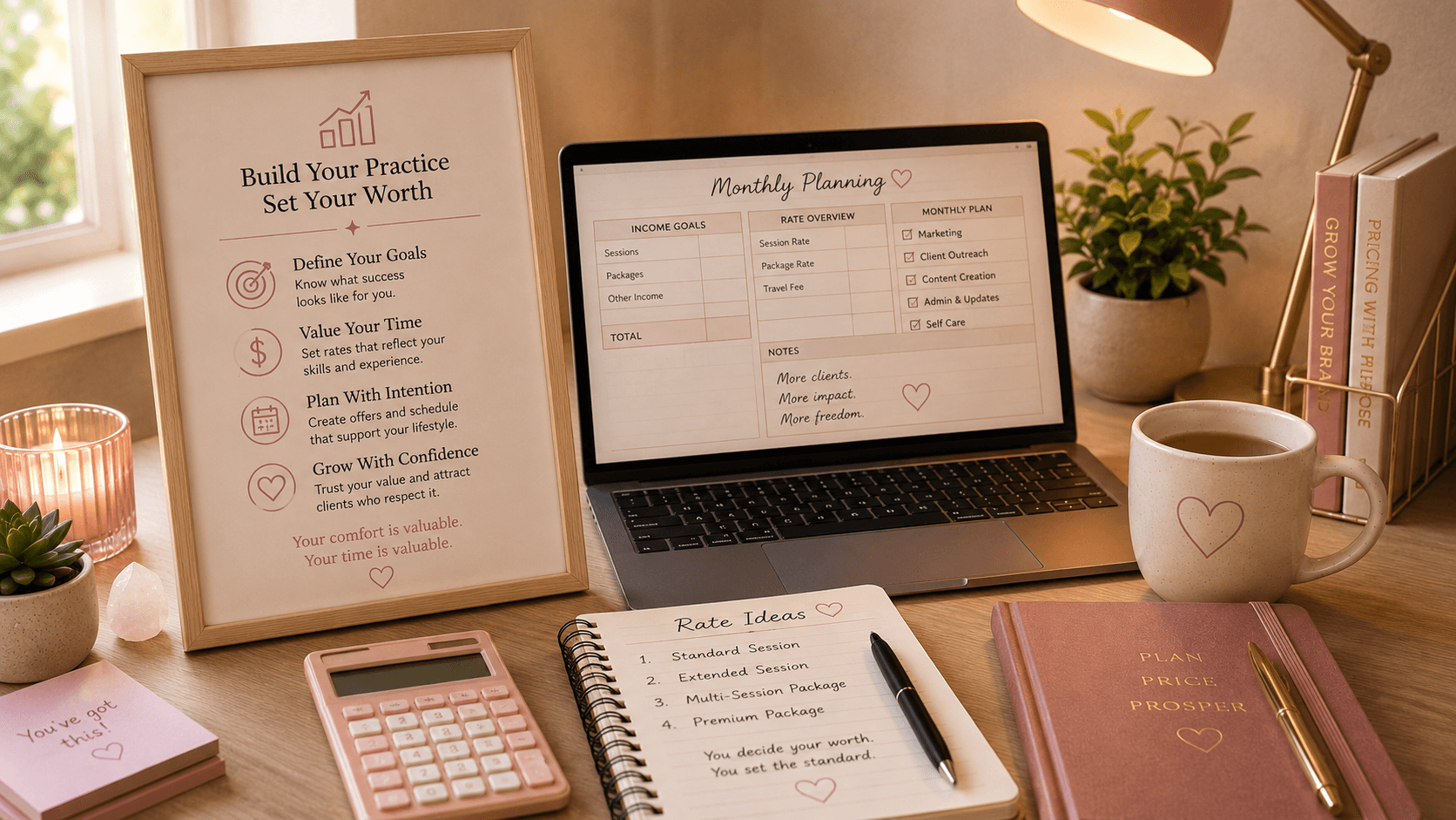 Practice and rate-planning workspace with pricing notes, calculator, and monthly planner